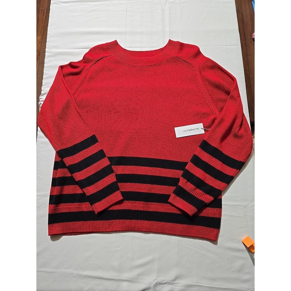 New Nwt Liz Claiborne Womens XL Red Black Stripe Knit‎ Long Sleeve Sweater